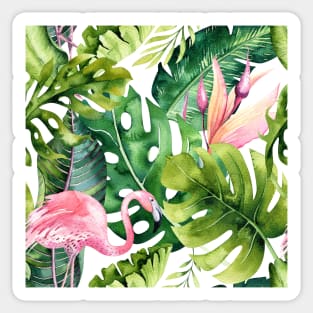 Watercolor Pink Flamingo + Tropical Foliage Pattern Sticker